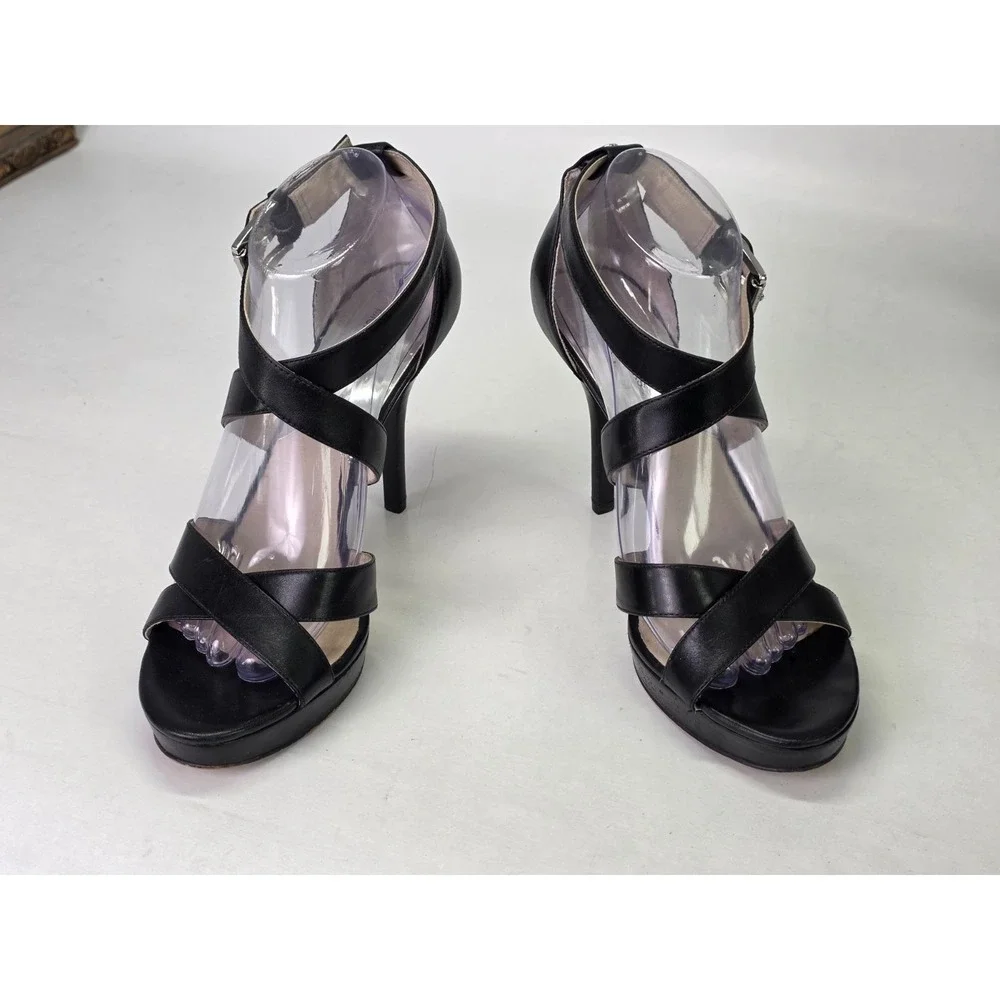 Michael Kors Evie Women's Heels Size 9.5 M Black‎ Leather Platform Sandals Shoes